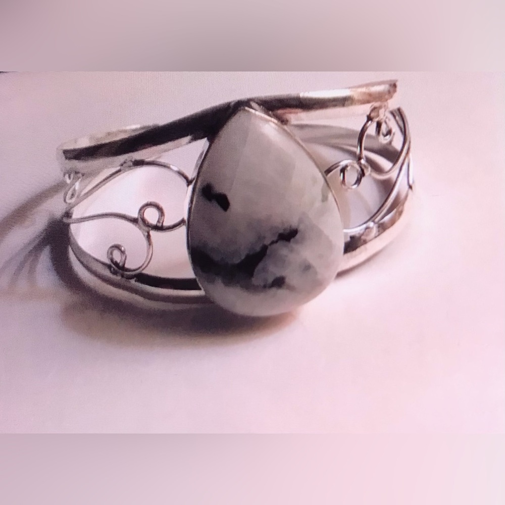 Rainbow Moonstone Stamped 925 Sterling Silver Cuff Bracelet